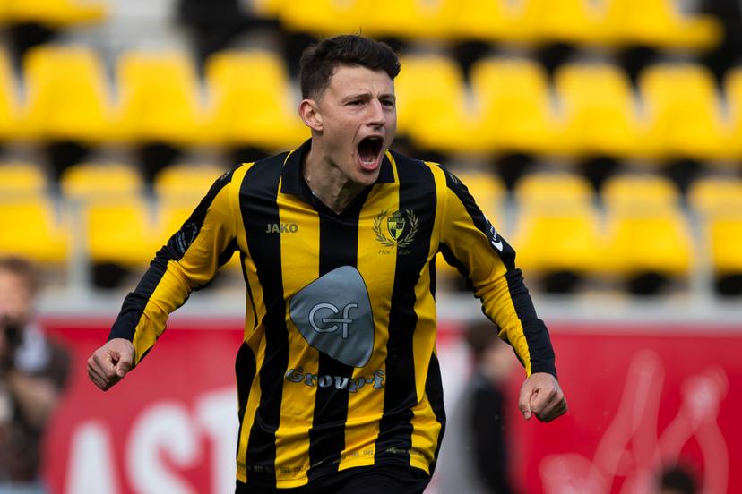Lierse's Jenthe Mertens celebrates after scoring during a soccer game between Lierse SK and Club NXT, Saturday 07 March 2026 in Lier, on day 28 of the 2025-2026 'Challenger Pro League' 1B second division of the Belgian championship. BELGA PHOTO KRISTOF VAN ACCOM