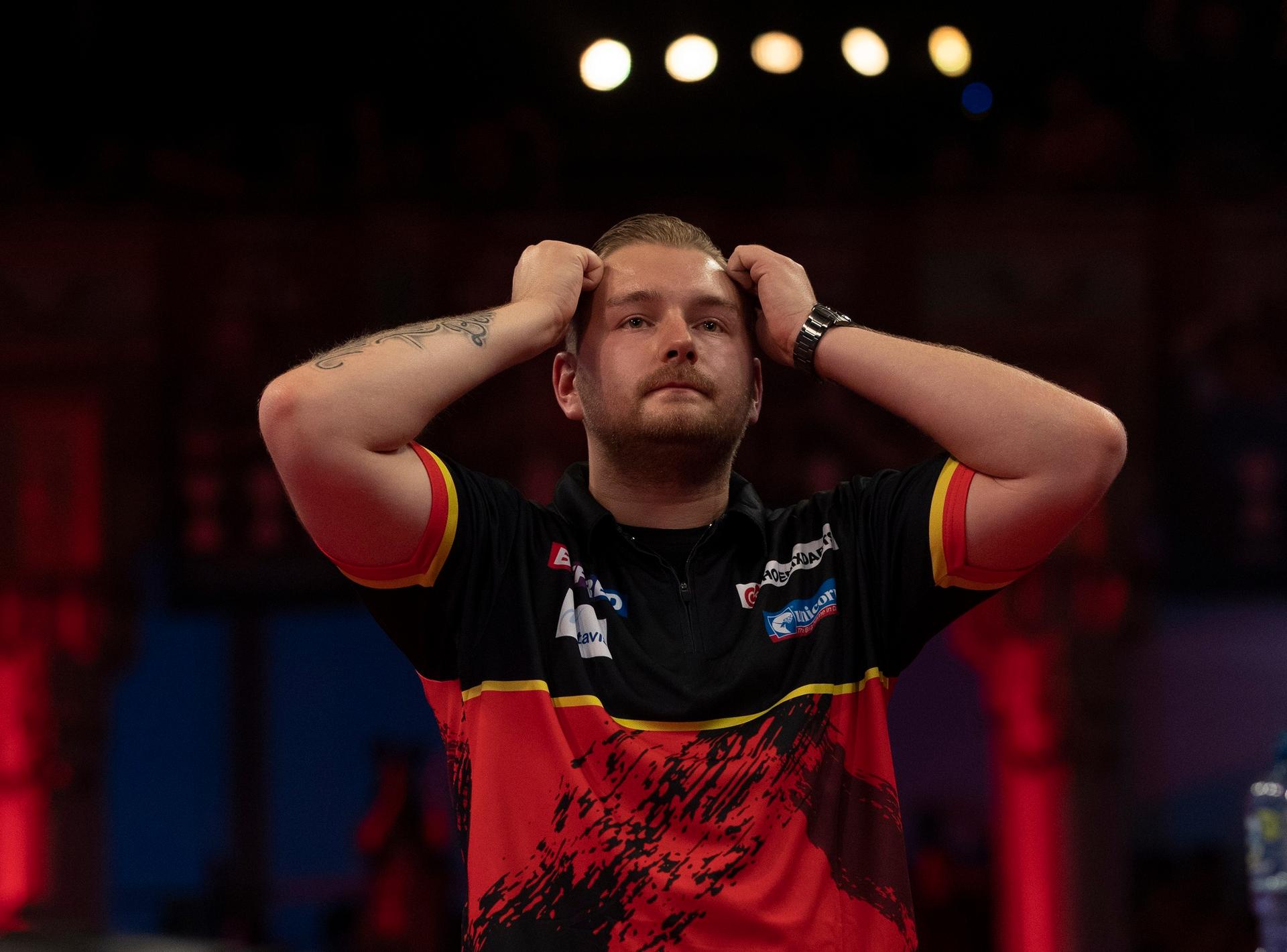 ATTENTION EDITORS - HAND OUT PICTURES - EDITORIAL USE WITH STORY ON DARTS WORLD MATCHPLAY ONLY - MANDATORY CREDIT LAWRENCE LUSTIG/PDC  Hand out pictures released on Sunday 25 July 2021, by PDC Professional Darts Corporation shows Belgian Dimitri Van den Bergh celebrates after winning the game between Belgian Dimitri Van den Bergh and Polish  Krzysztof Ratajski, in the semi-final of the Betfred World Matchplay, in Blackpool, UK. MANDATORY CREDIT LAWRENCE LUSTIG/PDC