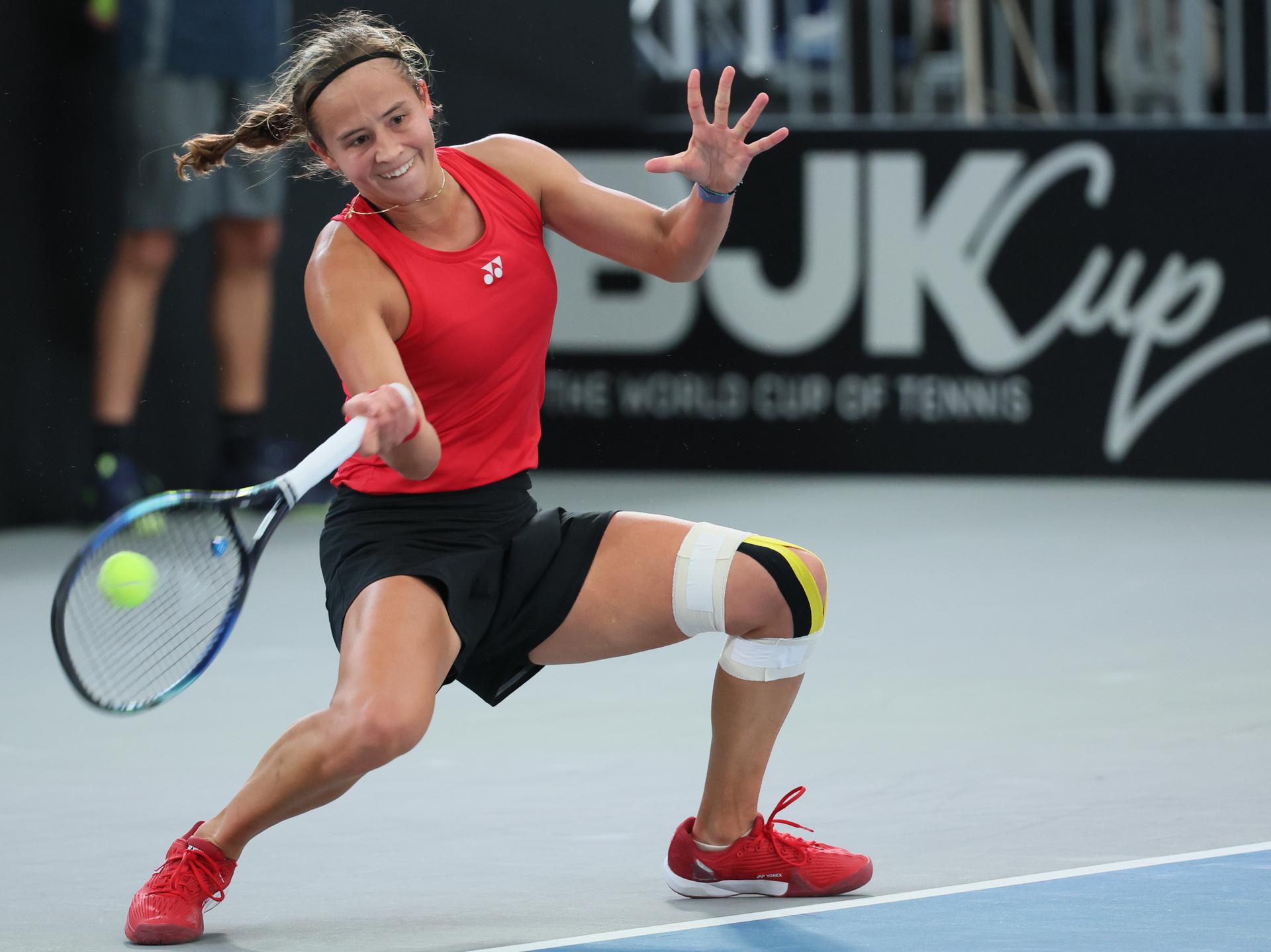 Belgian Hanne Vandewinkel pictured in action during a tennis match against German Seidel, the second match of the meeting between Belgium and Germany in the Billie Jean King Cup Play-offs, on Sunday 16 November 2025 in Ismaning, Germany. PHOTO BENOIT DOPPAGNE