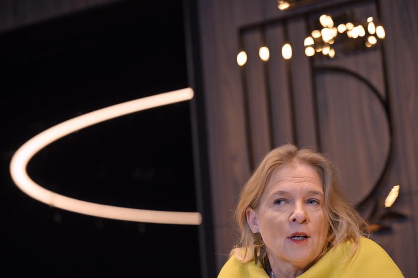 KBVB-URBFA chairwoman Pascale Van Damme pictured during a informal round table discussion with the newly appointed CEO of the Belgian soccer union KBVB-URBSFA, Friday 26 January 2024, in Tubize. BELGA PHOTO ERIC LALMAND