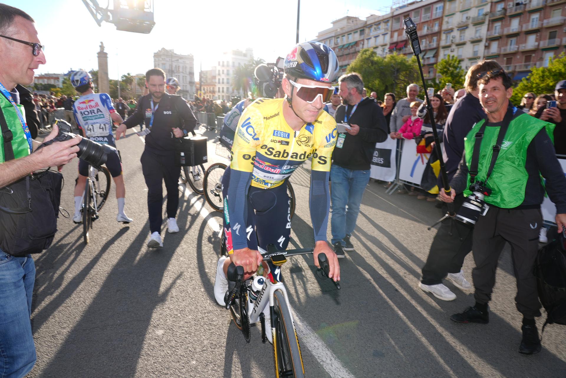 Overal winner Belgian Remco Evenepoel of Red Bull-BORA-hansgrohe celebrates after the final stage of the 2026 Volta Comunitat Valenciana, Tour of Valencia cycling race, a race from Betera to Valencia (93,8 km), on Sunday 08 February 2026 in Spain. The race takes place from 4 to 8 February and runs through the three provinces of the Valencian Community. BELGA PHOTO JOMA GARCIA