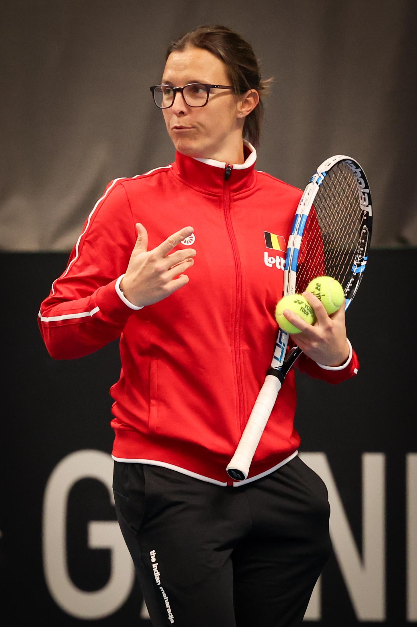 Belgian Kirsten Flipkens gestures during a training session ahead of the meeting between Greece and Belgium, in the qualifiers of the Billie Jean King Cup tennis, in Vilnius, Lithuania on Monday 07 April 2025. PHOTO VIRGINIE LEFOUR