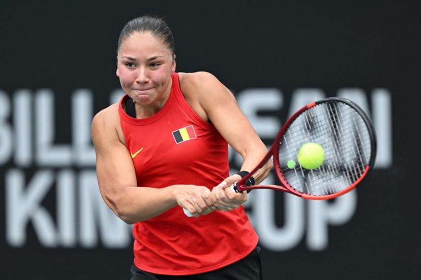 Belgium's Sofia Costoulas hits a return to China's Wang Xiyu during their women's singles match at the Billie Jean King Cup tennis play-offs at the Guangzhou Nansha International Tennis Center in Guangzhou, in south China's Guangdong province on November 17, 2024.  STR / AFP