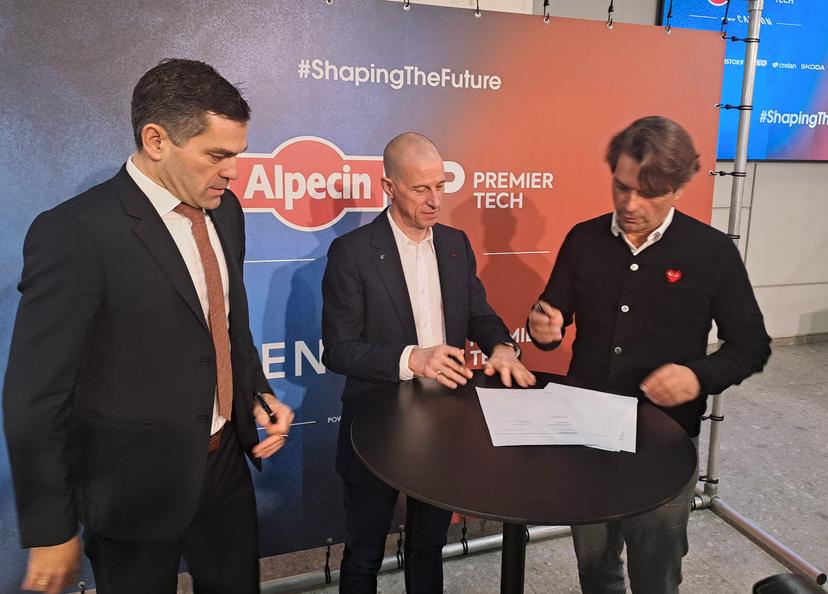 Alpecin-Deceuninck team manager Philip Roodhooft, Premier Tech CEO Jean Belanger and Alpecin-Deceuninck team manager Christoph Roodhooft pictured during a press conference of the Alpecin-Deceuninck and Alpecin-Fenix cycling team to announce their new sponsor Premier Tech, Friday 05 December 2025 in Antwerp. Premier Tech will replace Deceuninck as name sponsor of the Alpecin team from 2026. BELGA PHOTO TOON SACRE