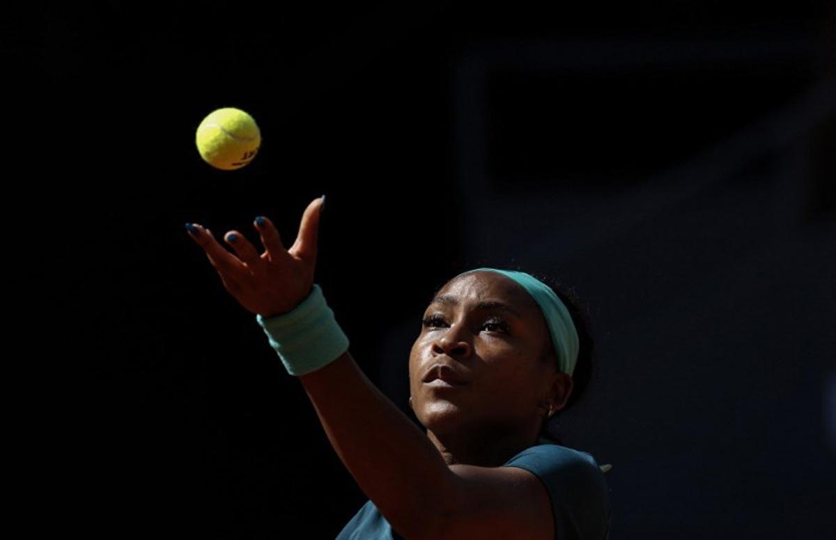 US Coco Gauff serves to Romania's Sorana Cirstea during their 2026 WTA Tour Madrid Open tennis tournament singles match at the Caja Magica in Madrid, on April 26, 2026.   OSCAR DEL POZO / AFP
