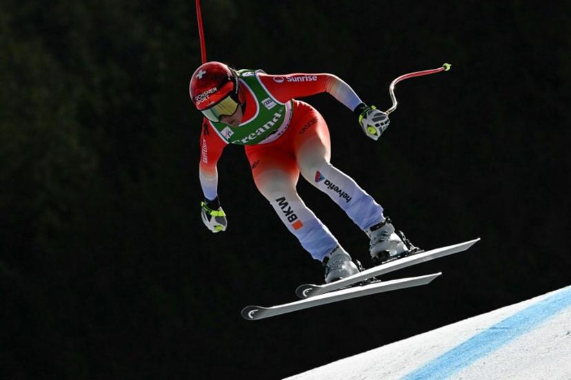 Switzerland's Corinne Suter competes in the women's downhill race, part of the FIS Alpine Ski World Cup 2025-2026 in Soldeu, Andorra on February 26, 2026.  Lionel BONAVENTURE / AFP