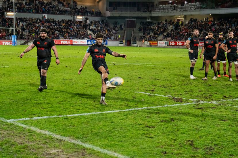 Players pictured in action during a rugby game between Belgium's Black Devils and Portugal, in the opening match of the European Rugby Champiosnhip, at Charles Tondreau Stadium in Mons, on Saturday 07 February 2026. BELGA PHOTO MARIUS BURGELMAN