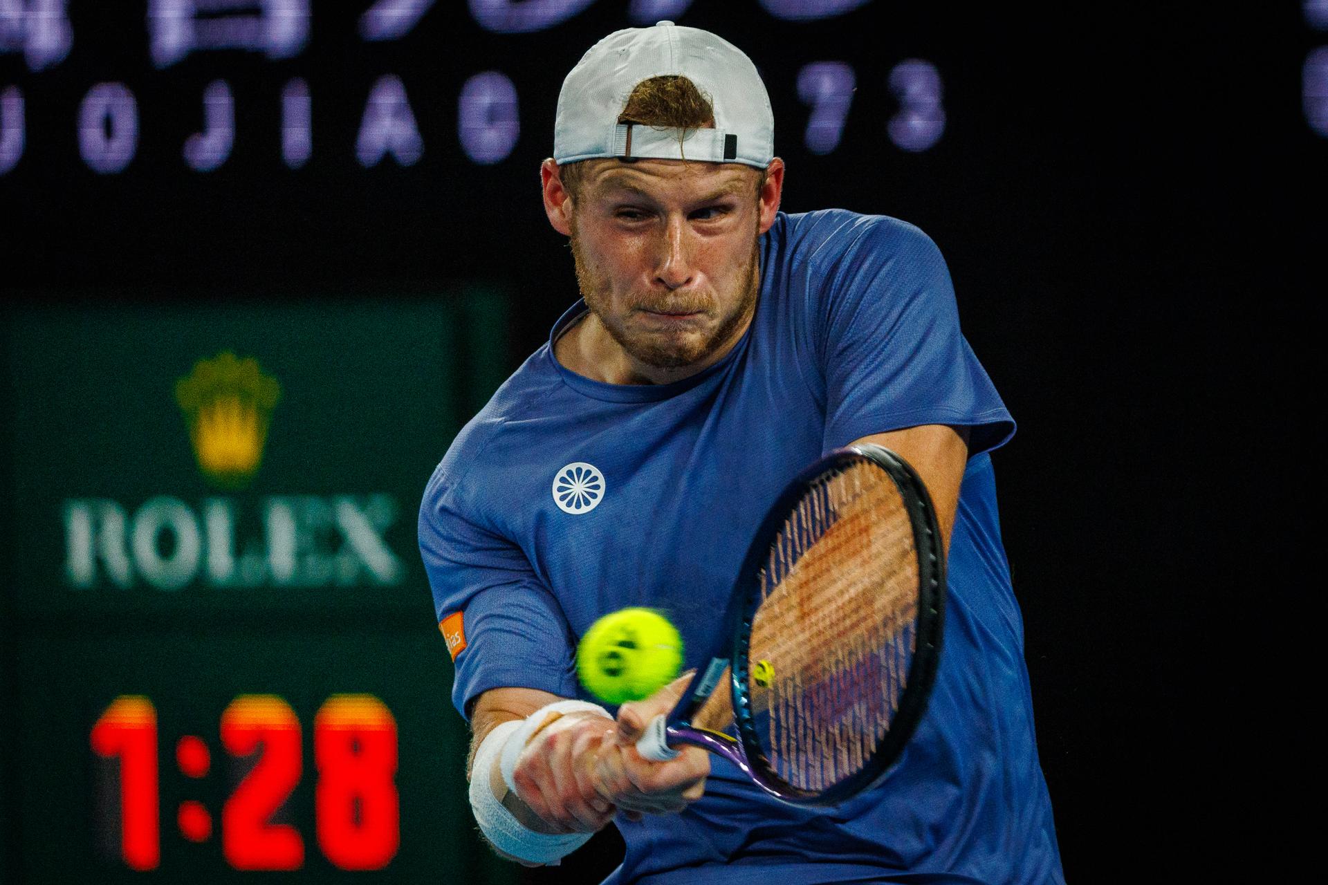 Belgian Gauthier Onclin pictured in action during a men's singles first round game between Belgian Onclin and American Opelka, at the 'Australian Open' Grand Slam tennis tournament, Sunday 12 January 2025 in Melbourne Park, Melbourne, Australia. The 2025 edition of the Australian Grand Slam takes place from January 12th to January 26th. BELGA PHOTO PATRICK HAMILTON