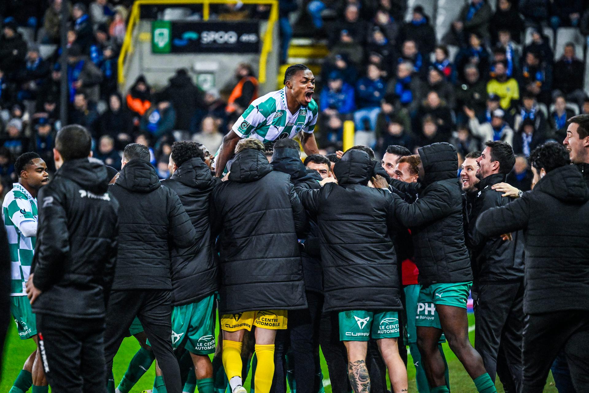 RAAL's Jerry Afriyie and RAAL's Sami Lahssaini celebrate after scoring during a soccer match between Club Brugge and Raal La Louviere, Friday 16 January 2026 in Brugge, on day 21 (out of 30) of the 2025-2026 'Jupiler Pro League' first division of the Belgian championship. BELGA PHOTO TOM GOYVAERTS