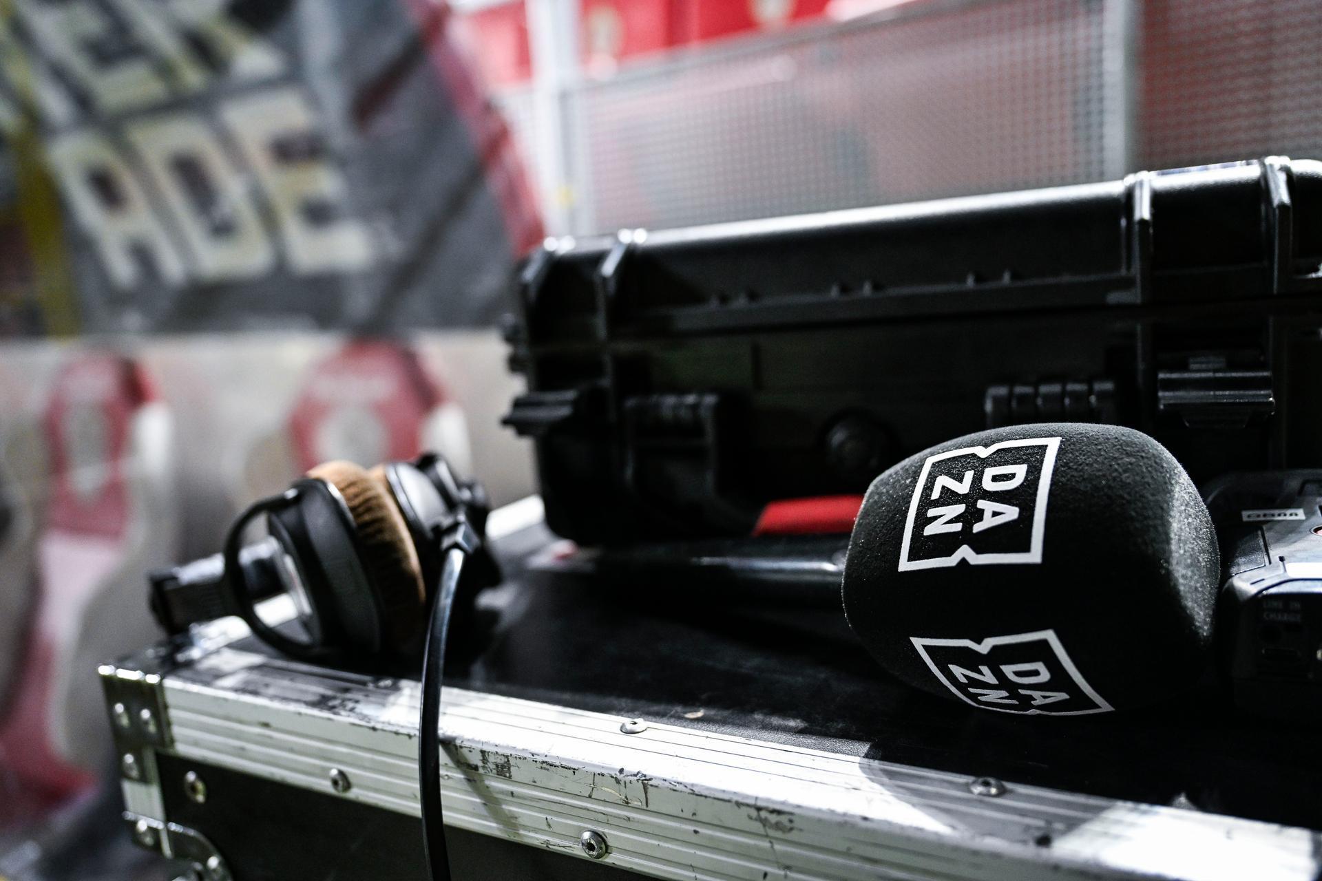 DAZN microphone pictured at a soccer game between Royal Antwerp FC and Sint-Truidense V.V., in the 1/8 final of the Croky Cup Belgian cup, Wednesday 03 December 2025 in Antwerp. BELGA PHOTO TOM GOYVAERTS