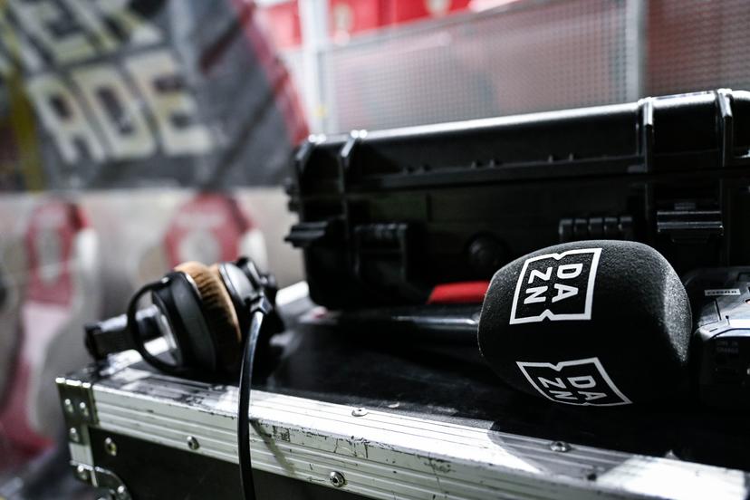 DAZN microphone pictured at a soccer game between Royal Antwerp FC and Sint-Truidense V.V., in the 1/8 final of the Croky Cup Belgian cup, Wednesday 03 December 2025 in Antwerp. BELGA PHOTO TOM GOYVAERTS