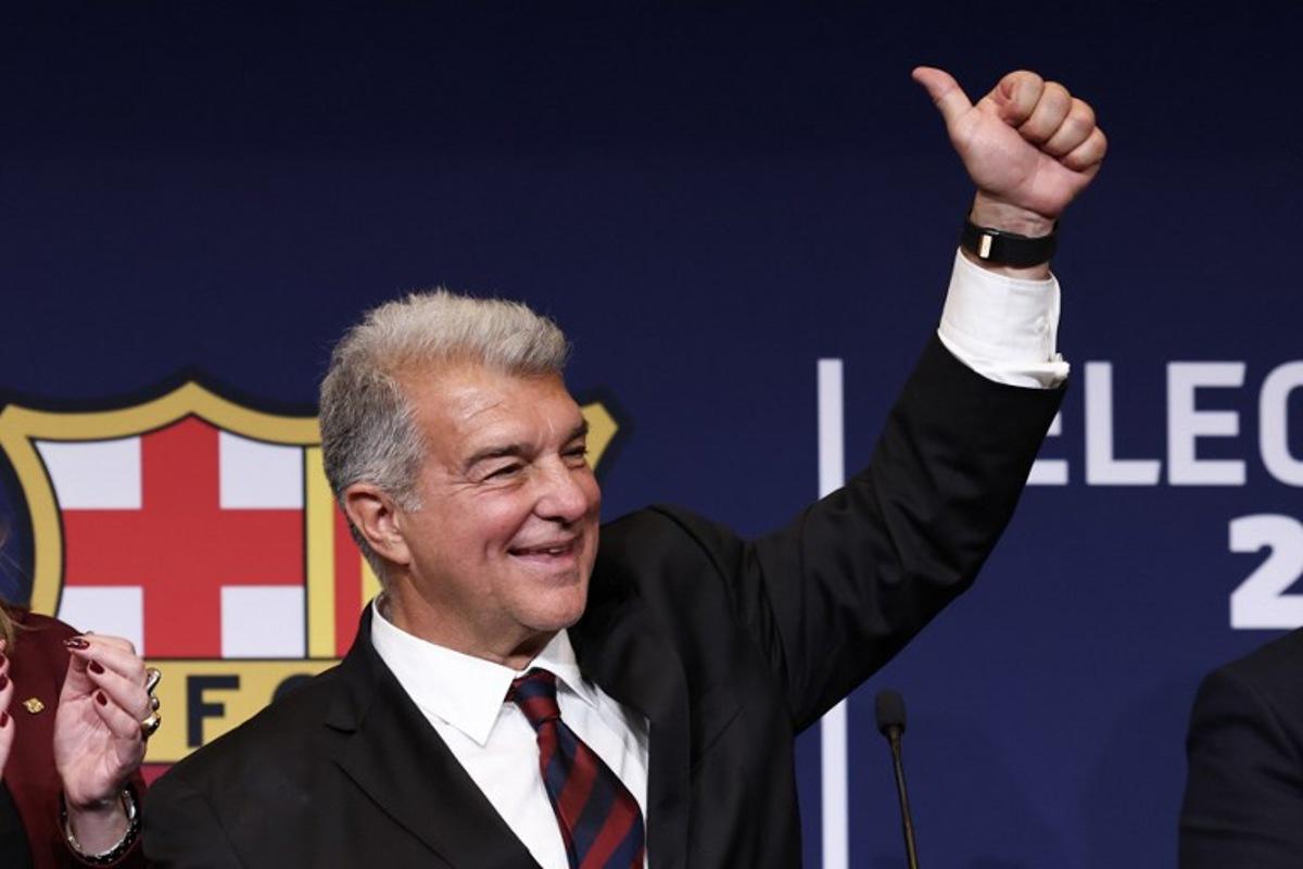 FC Barcelona candidate Joan Laporta reacts after winning the election for the presidency of FC Barcelona at the Camp Nou stadium in Barcelona early on March 16, 2026 Joan Laporta was reelected as Barcelona president on Sunday, defeating Victor Font to stay in charge of the Catalan giants until 2031.  Josep LAGO / AFP