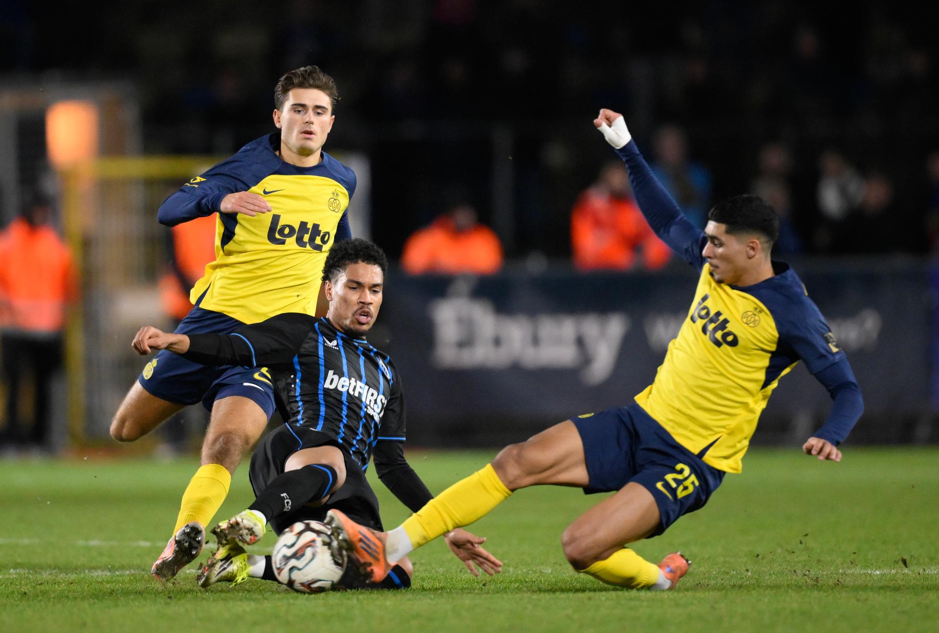 Club's Felix Lemarechal and Union's Anan Khalaili fight for the ball during a soccer match between Royale Union Saint-Gilloise and Club Brugge, Sunday 01 February 2026 in Brussels, on day 23 of the 2025-2026 'Jupiler Pro League' first division of the Belgian championship. BELGA PHOTO JOHN THYS