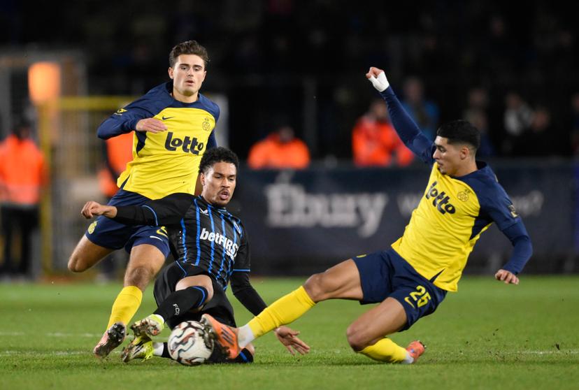 Club's Felix Lemarechal and Union's Anan Khalaili fight for the ball during a soccer match between Royale Union Saint-Gilloise and Club Brugge, Sunday 01 February 2026 in Brussels, on day 23 of the 2025-2026 'Jupiler Pro League' first division of the Belgian championship. BELGA PHOTO JOHN THYS