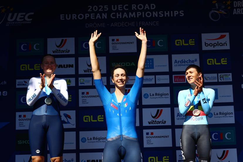Finnish Anniina Ahtosalo, Italian Federica Venturelli and Belgian Luca Vierstraete celebrate on the podium of the 24 km time trial of the Women U23 category at the UEC road European cycling championships, Wednesday 01 October 2025, in Loriol-sur-Drome, France. The European cycling championships Drome-Ardeche takes place from 1 to 5 October, France. BELGA PHOTO DAVID PINTENS