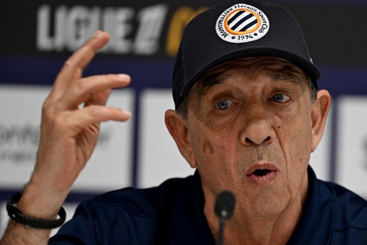 Montpellier's French head coach Jean-Louis Gasset delivers a press conference after the French L1 football match between Montpellier Herault SC and Le Havre AC at Stade de la Mosson in Montpellier, southern France on April 6, 2025.   GABRIEL BOUYS / AFP