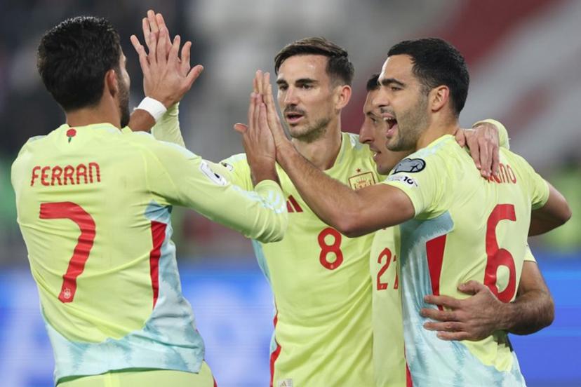 Spain's forward #21 Mikel Oiarzabal celebrates after scoring the opening goal from the penalty spot during the FIFA World Cup 2026 European qualification football match between Georgia and Spain at the Boris Paichadze National Stadium in Tbilisi on November 15, 2025.  Giorgi ARJEVANIDZE / AFP