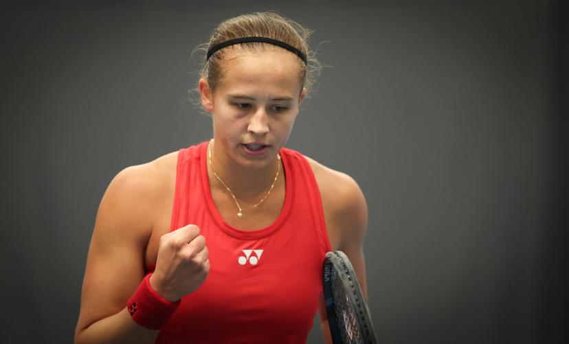 Belgian Hanne Vandewinkel celebrates during a tennis match against Greek Grammatikopoulou, in the qualifiers of the Billie Jean King Cup tennis, in Vilnius, Lithuania on Tuesday 08 April 2025. PHOTO VIRGINIE LEFOUR