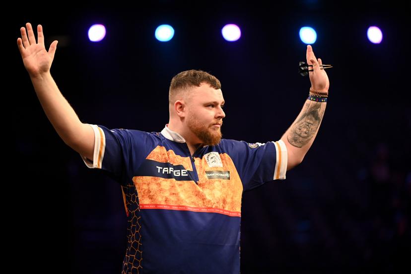 Northern Irish Josh Rock reacts during the Premier League (Night 2/16) darts event in Antwerp on Thursday 12 February 2026. BELGA PHOTO ELIAS ROM