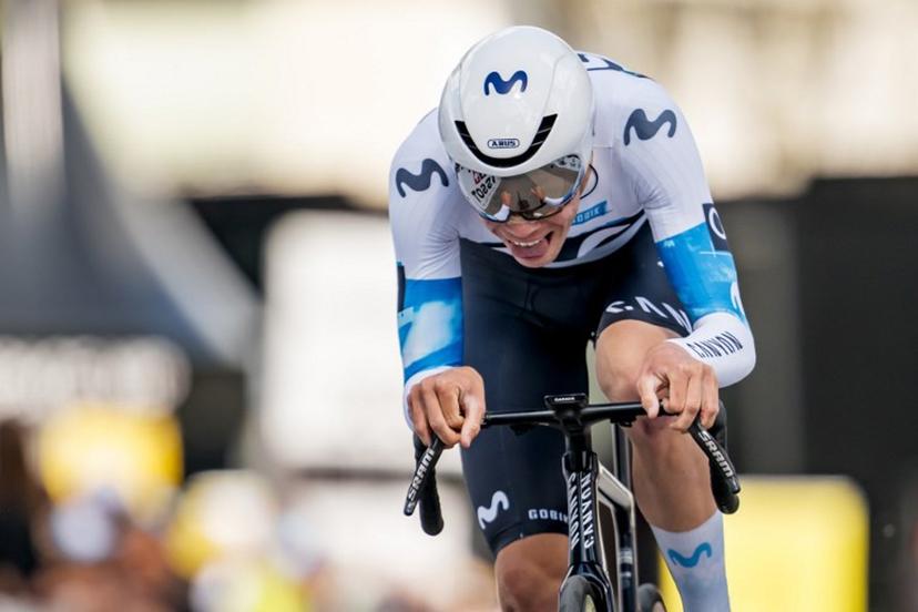 Spain's Ivan Romeo Abad (Movistar) competes in the prologue of the Tour of Romandie UCI cycling World tour, a 3.4 km time trial from Saint-Imier to Saint-Imier, on April 29, 2025.  Fabrice COFFRINI / AFP