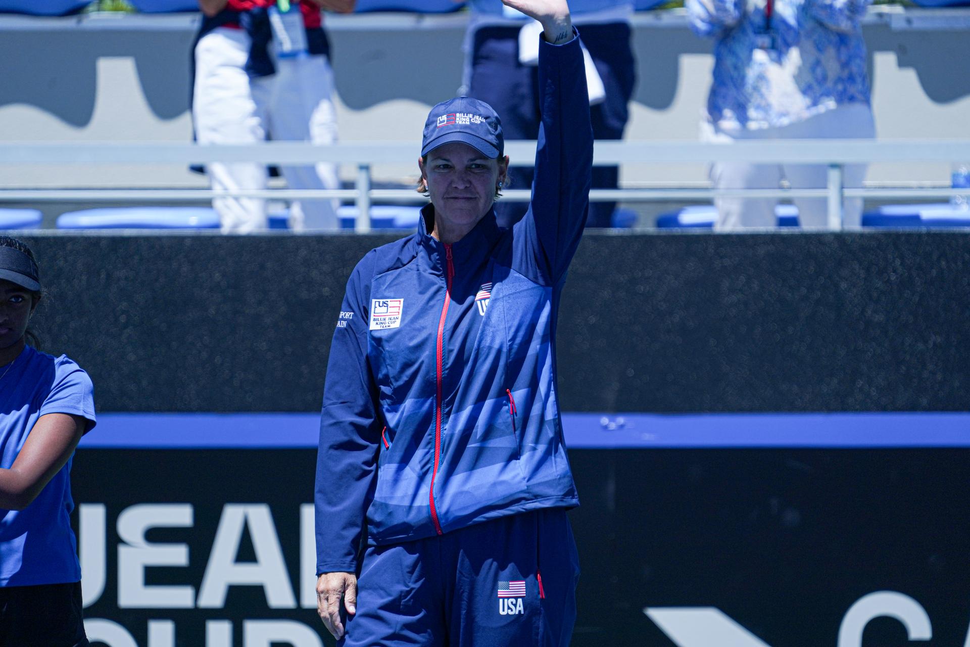 Team USA Captain Lindsay Davenport waves ahead of the third match between American Pegula (WTA 5) and Belgian Vandewinkel (WTA 278) on the second day of the meeting between USA and Belgium, in the qualification round in the world group for the final of the Billie Jean King Cup tennis, in Orlando, Florida, USA, on Saturday 13 April 2024. BELGA PHOTO MARTY JEAN LOUIS