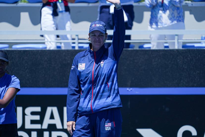 Team USA Captain Lindsay Davenport waves ahead of the third match between American Pegula (WTA 5) and Belgian Vandewinkel (WTA 278) on the second day of the meeting between USA and Belgium, in the qualification round in the world group for the final of the Billie Jean King Cup tennis, in Orlando, Florida, USA, on Saturday 13 April 2024. BELGA PHOTO MARTY JEAN LOUIS
