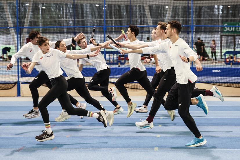 this picture shows a training session of the men's and mixed 4x400m teams for the World Indoor Athletics Championships, in Louvain-La-Neuve, on Friday 13 March 2026. The World Indoor Athletics Championships take place in Kujawy-Pomorze, Poland from 20 to 22 March. BELGA PHOTO BRUNO FAHY