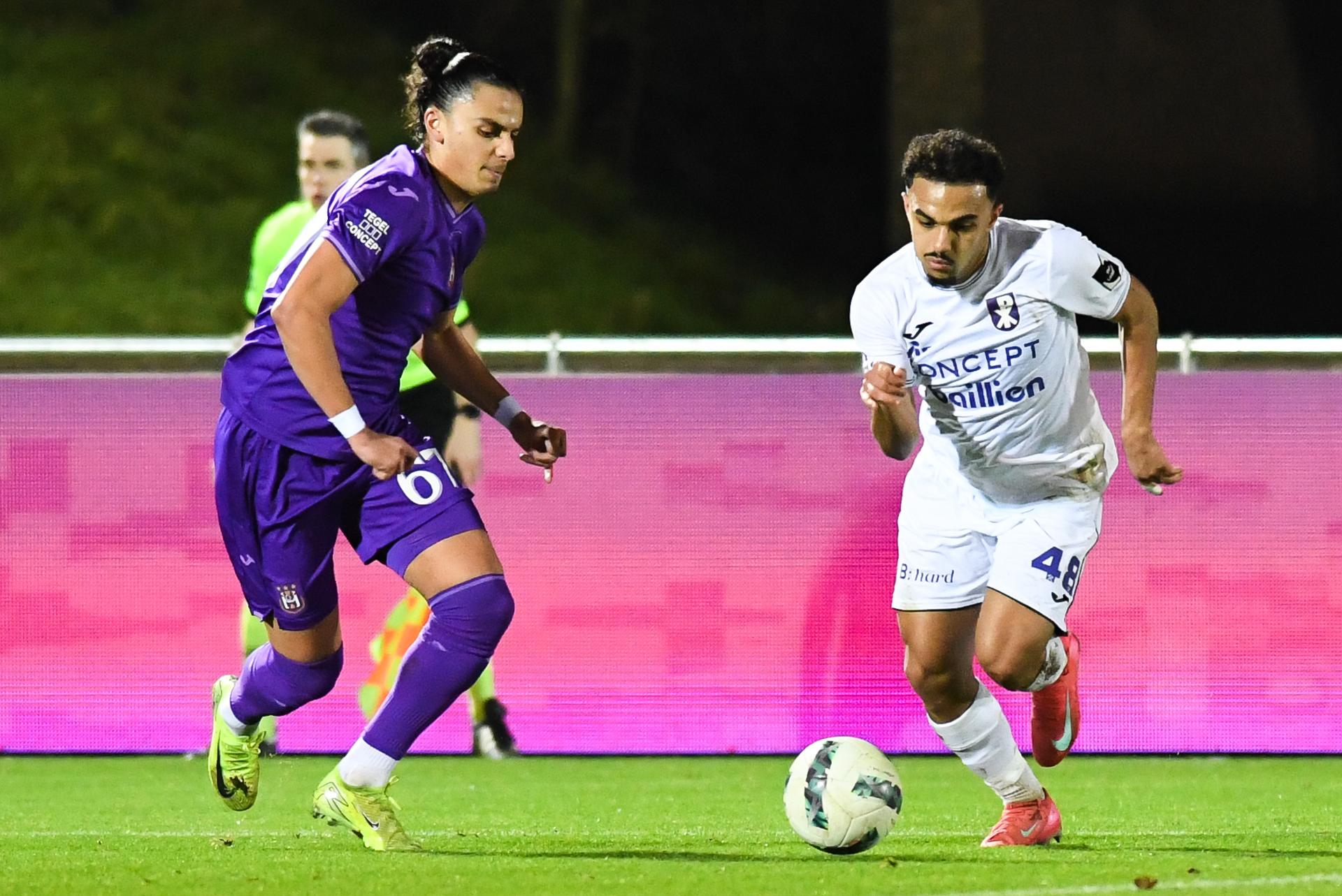 RSCA Futures' Nail Moutha-Sebtaoui and Patro Eisden's Adnane Abid pictured in action during a soccer match between RSCA Futures (U21) and Patro Eisden, Saturday 25 January 2025 in Deinze, on day 19 of the 2024-2025 'Challenger Pro League' second division of the Belgian championship. BELGA PHOTO JILL DELSAUX