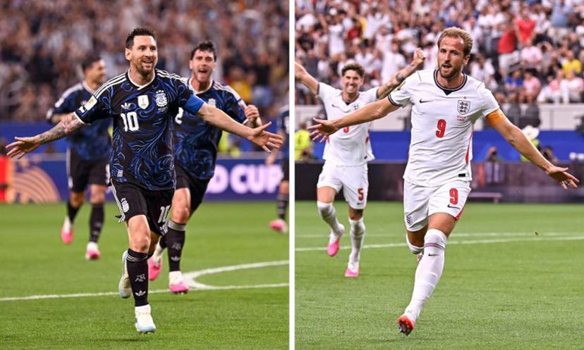 (COMBO) This combination of file photos created on July 12, 2026, shows Argentina's forward #10 Lionel Messi in Arlington on June 27, 2026 (L),ja and England's forward #09 Harry Kane in Arlington on June 17, 2026. England and Argentina will meet in a 2026 World Cup semi-final football match at the Atlanta Stadium in Atlanta on July 15, 2026. Paul ELLIS / AFP