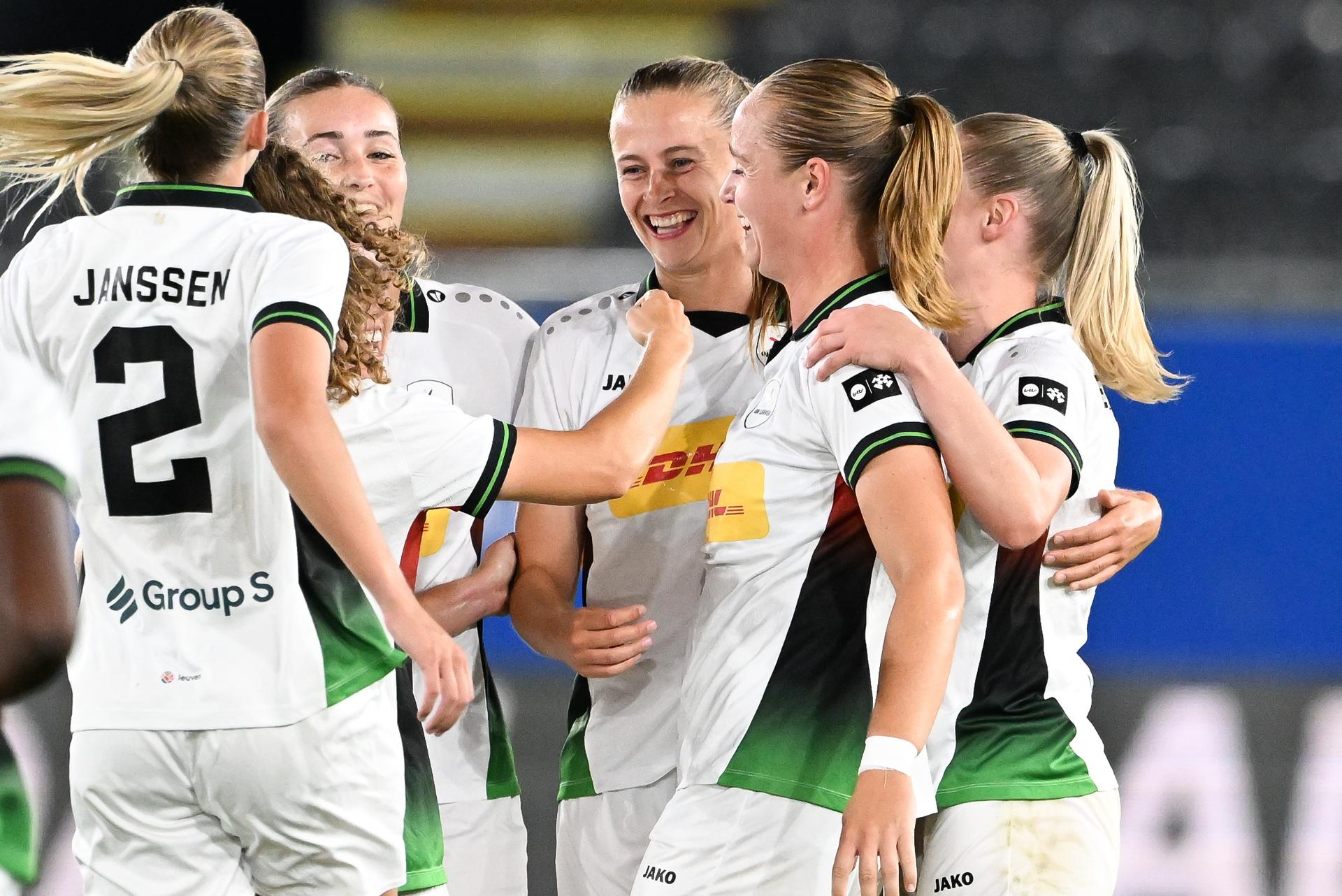 OHL's Julie Biesmans celebrates after scoring during a game between Oud-Heverlee Leuven Women and Poland women team Czarni Sosnowiec,  Wednesday 2 September 2026 in Leuven, a return leg in the third round qualification game in the UEFA Women's Champions League. OHL Women won 1-4 the first leg. BELGA PHOTO JILL DELSAUX