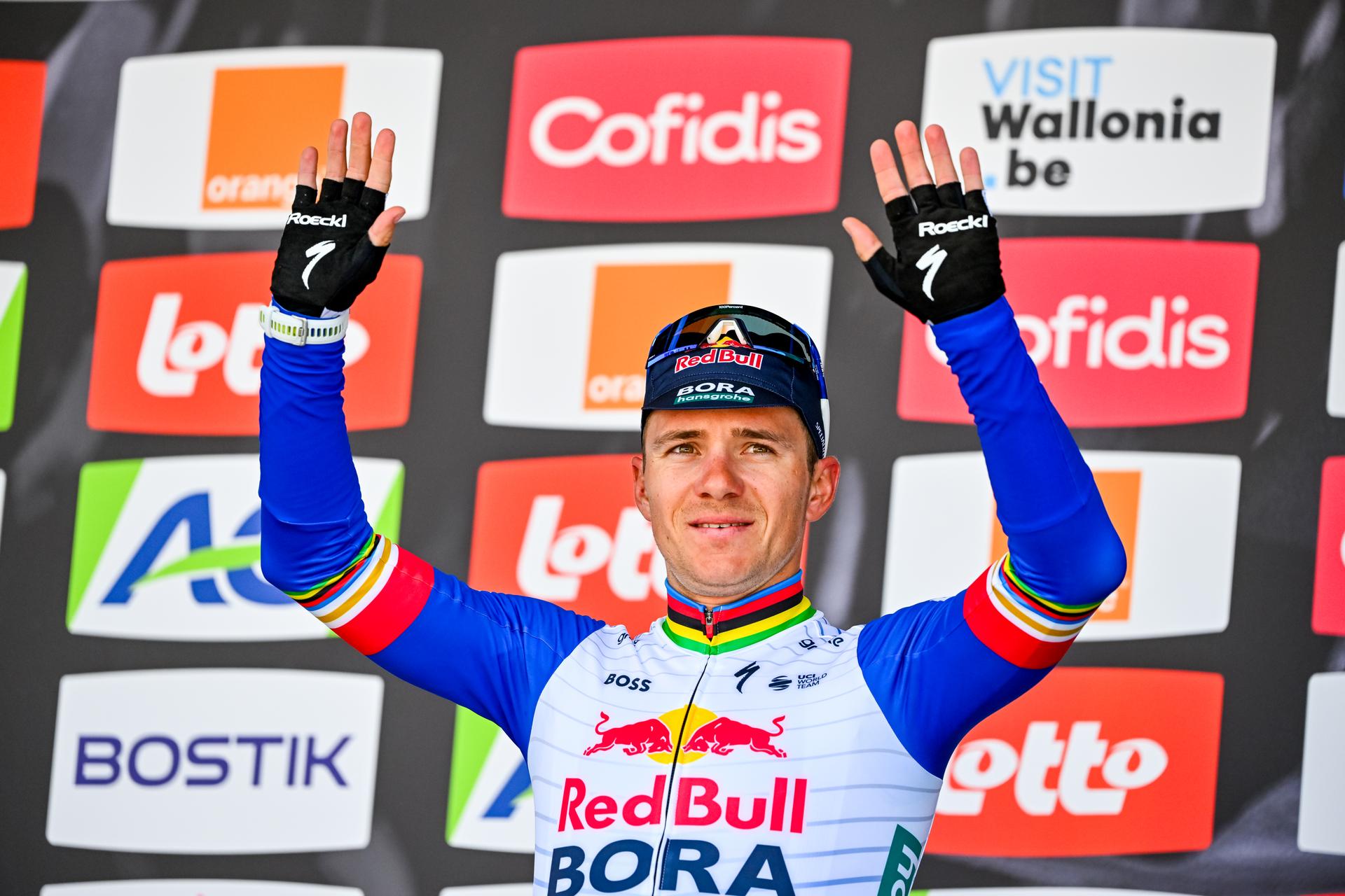 Belgian Remco Evenepoel of Red Bull-BORA-hansgrohe pictured on the podium after the men elite race of the Liege-Bastogne-Liege UCI World Tour one day cycling race, 259,5km from Liege, over Bastogne to Liege, Sunday 26 April 2026. BELGA PHOTO ERIC LALMAND