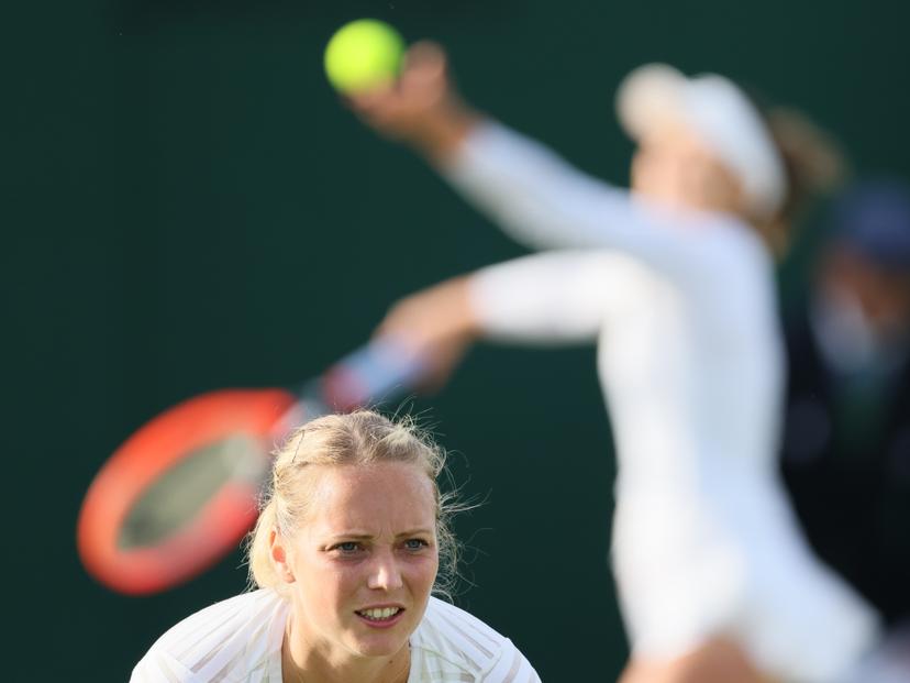 Belgian Kimberley Zimmermann pictured during a doubles tennis match with Czech pair Kolodziejova - Siskova versus US-Belgian pair Davis - Zimmermann, in round 1 of the women's doubles of the 2024 Wimbledon grand slam tournament at the All England Tennis Club, in south-west London, Britain, Thursday 04 July 2024. BELGA PHOTO BENOIT DOPPAGNE
