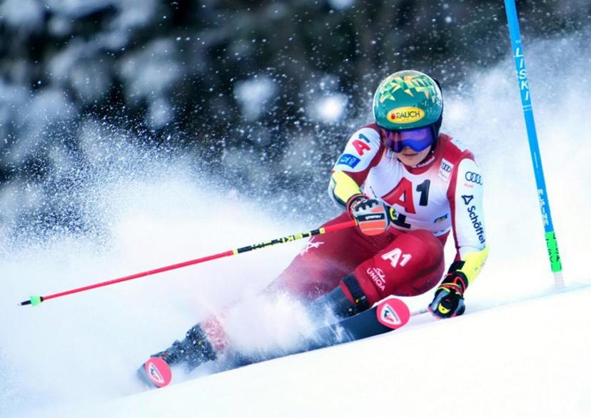 Austria's Julia Scheib competes during the women's giant slalom event of the FIS Alpine Ski World Cup in Semmering, Austria on December 27, 2025.  GEORG HOCHMUTH / APA / AFP
