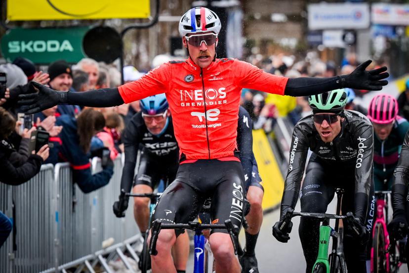 French Dorian Godon of INEOS Grenadiers celebrates as he crosses the finish line to win the seventh stage of 84th edition of the Paris-Nice cycling race, from Nice to Isola (120,4 km), on Saturday 14 March 2026. BELGA PHOTO DAVID PINTENS