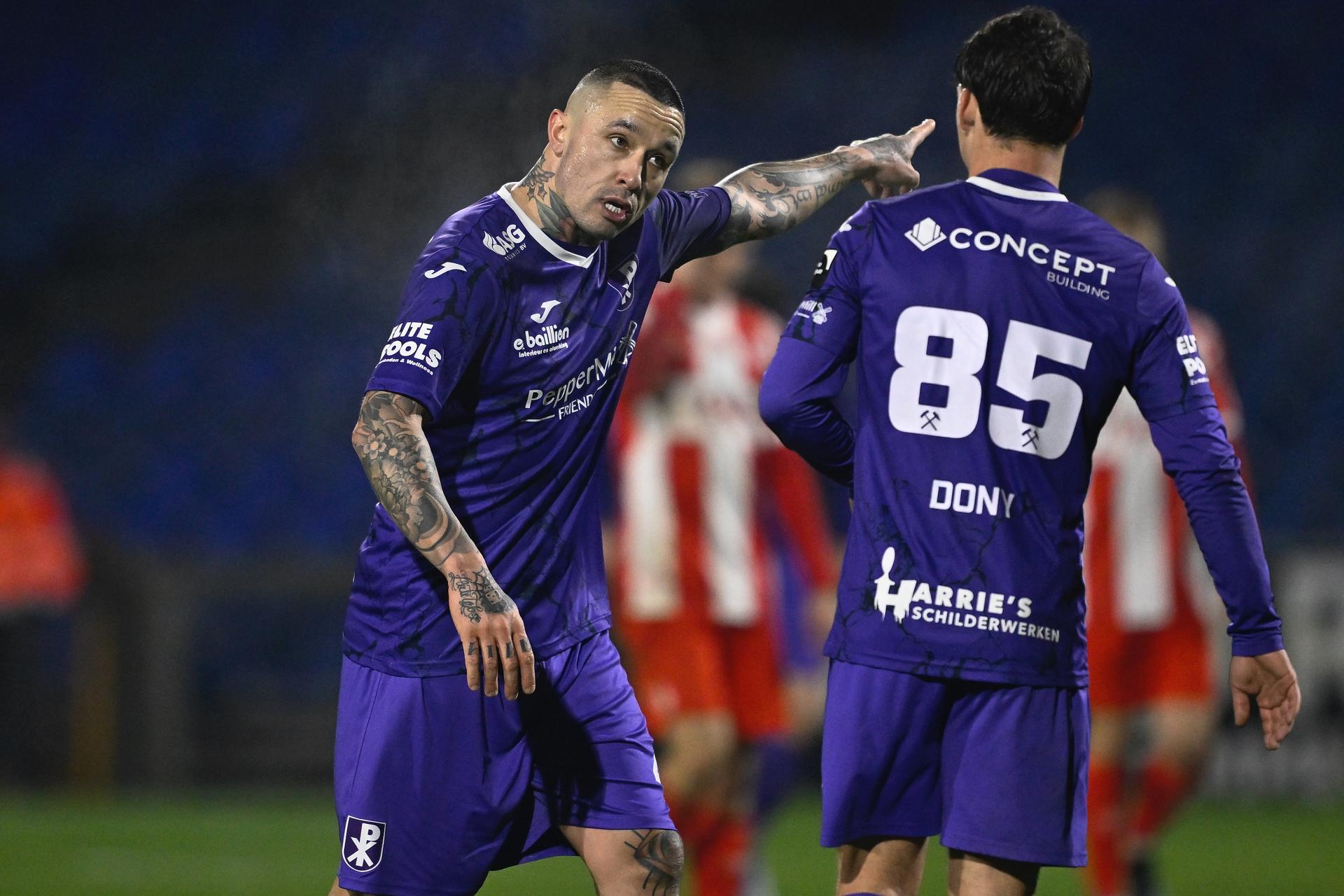 Patro Eisden's Radja Nainggolan and Patro Eisden's Arnaud Dony pictured during a soccer game between Patro Eisden Maasmechelen and KV Kortrijk, Saturday 17 January 2026 in Maasmechelen, on day 20 of the 2025-2026 'Challenger Pro League' 1B second division of the Belgian championship. BELGA PHOTO JOHAN EYCKENS