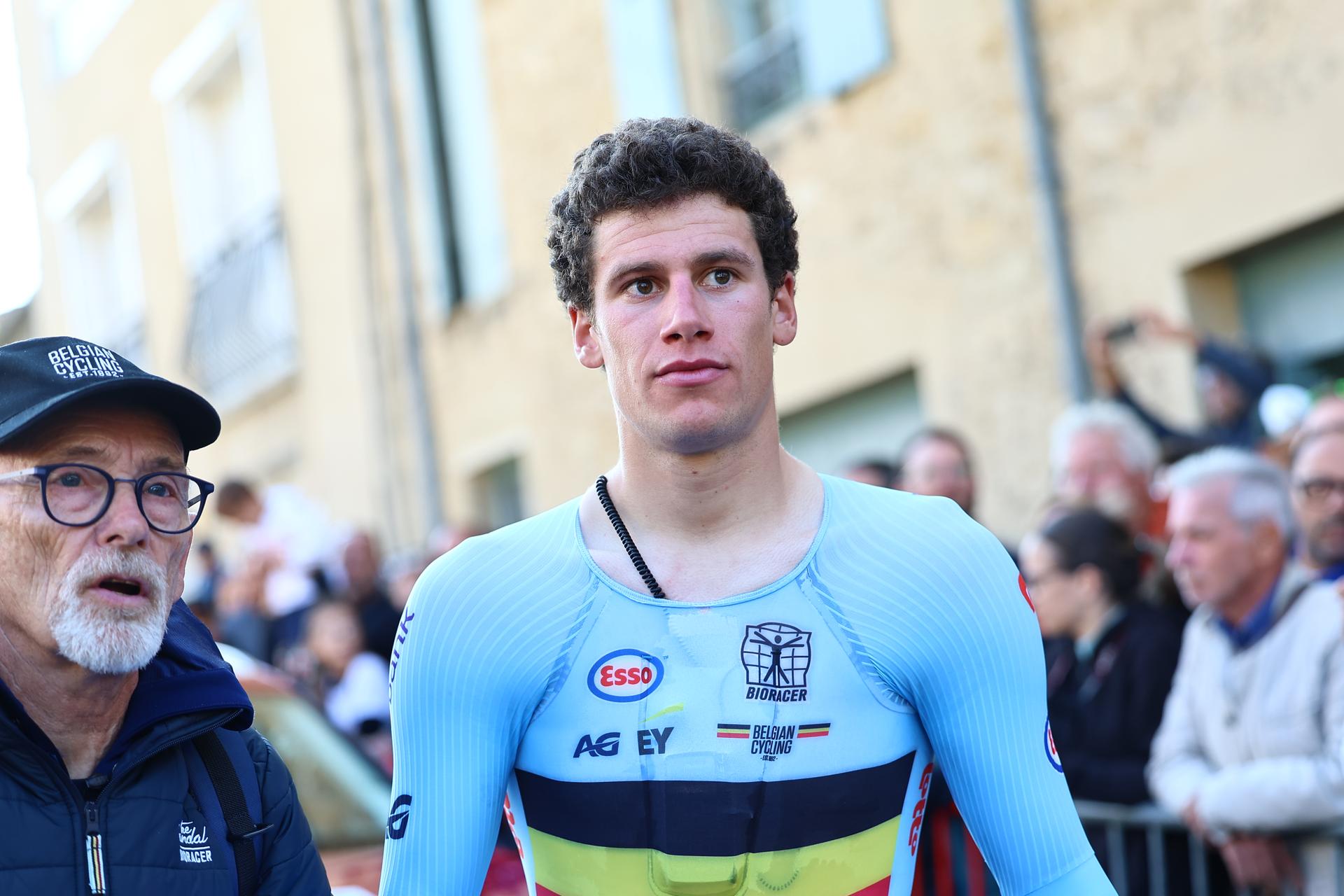 Belgian Alec Segaert pictured at the arrival of the 24 km time trial of the Men Elite category at the UEC road European cycling championships, Wednesday 01 October 2025, in Loriol-sur-Drome, France. The European cycling championships Drome-Ardeche takes place from 1 to 5 October, France. BELGA PHOTO DAVID PINTENS