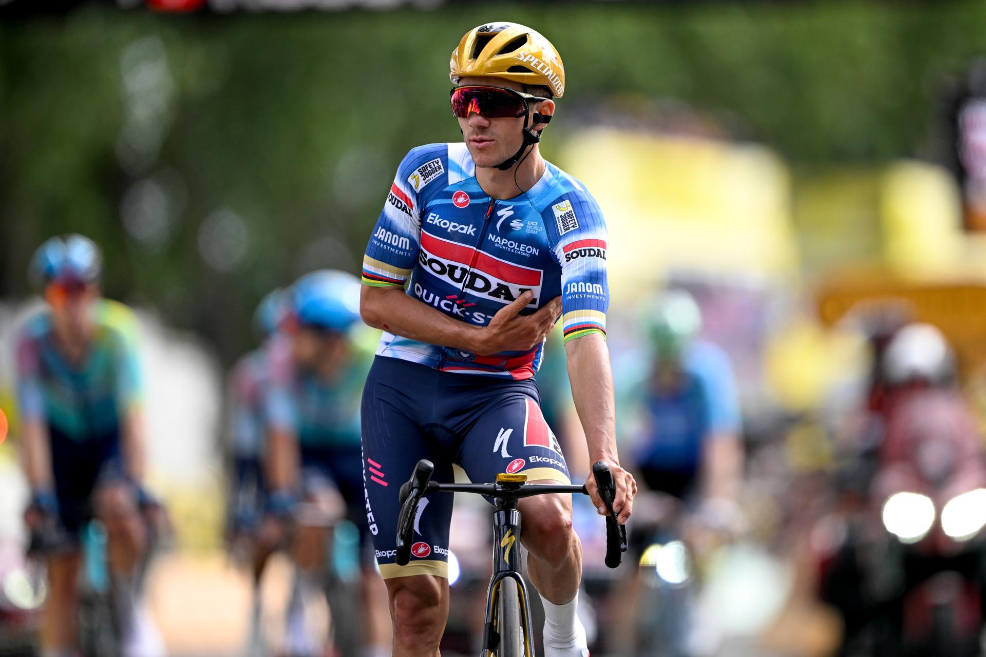 Belgian Remco Evenepoel of Soudal Quick-Step pictured after the third stage of the 2025 Tour de France cycling, from Valenciennes to Dunkerque (178 km) on Monday 07 July 2025 in France. The 112th edition of the Tour de France starts on Saturday 5 July in Lille, France, and will finish in Paris, France on the 27th of July. BELGA PHOTO JASPER JACOBS