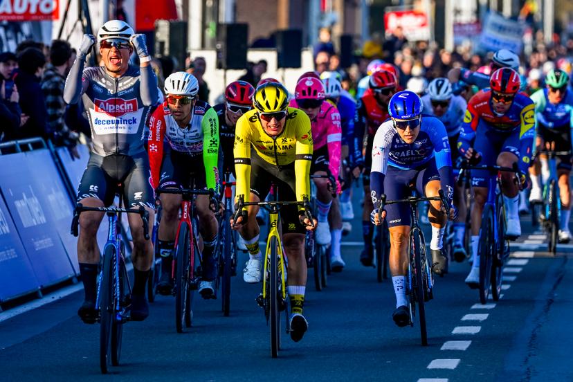 Belgian Jasper Philipsen of Alpecin-Deceuninck celebrates as he crosses the finish line to win the Kuurne-Brussels-Kuurne one day cycling race, 196,9 km from Kuurne to Kuurne via Brussels, Sunday 02 March 2025. BELGA PHOTO ERIC LALMAND