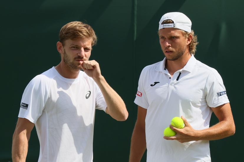 Belgian David Goffin and Luxembourgish Gilles Muller pictured in action during a doubles tennis match with Belgian-German pair Goffin - Muller against Colombian-Indian pair Barrientos - Bollipalli, in the first round of the men's doubles at the 2025 Wimbledon grand slam tournament, Wednesday 02 July 2025 at the All England Tennis Club, in South-West London, Britain. BELGA PHOTO BENOIT DOPPAGNE