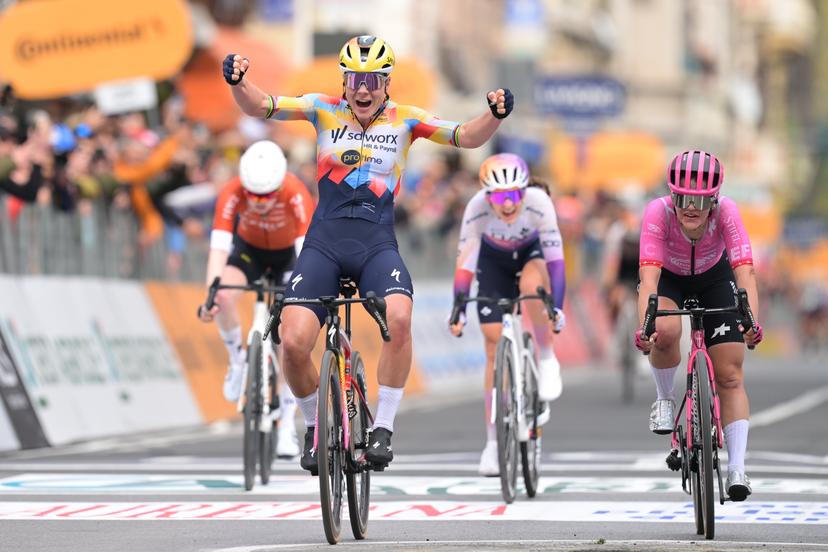 Belgian Lotte Kopecky celebrates as she crosses the finish line to win the 'Milano-Sanremo' one day cycling race for women, 298km from Milan to San Remo, Italy, Saturday 21 March 2026. BELGA PHOTO DAVID PINTENS