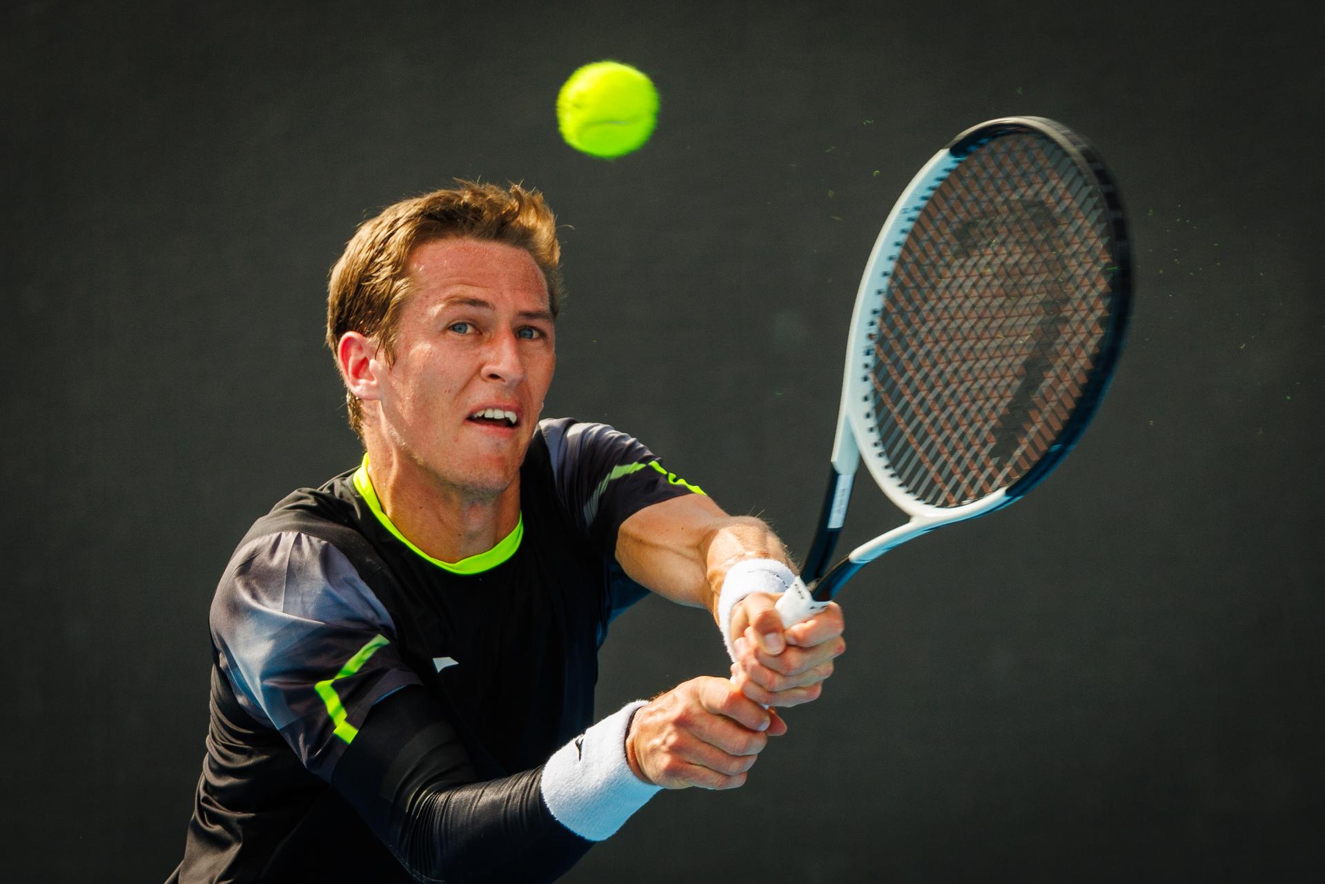 Belgian Kimmer Coppejans pictured in action during a tennis match against Monegasque Vacherot, in the third round of the qualifiers for the men's singles tournament, at the 'Australian Open' Grand Slam tennis tournament, Thursday 09 January 2025 in Melbourne Park, Melbourne, Australia. The 2024 edition of the Australian Grand Slam takes place from January 14th to January 28th. BELGA PHOTO PATRICK HAMILTON