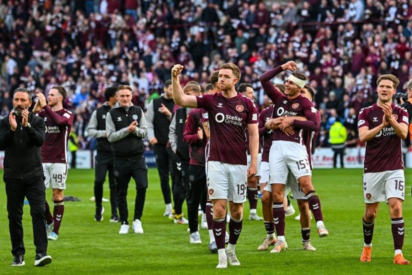 Players react after the final whistle in the Scottish Premiership football match between Hearts and Rangers at Tynecastle Stadium in Edinburgh on May 4, 2026. Hearts are hoping to become the first club other than Celtic and Rangers to win the Scottish crown since Aberdeen in 1985. ANDY BUCHANAN / AFP