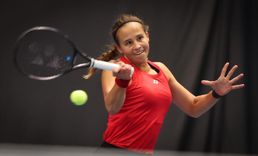 Belgian Hanne Vandewinkel pictured in action during a tennis match against Greek Grammatikopoulou, in the qualifiers of the Billie Jean King Cup tennis, in Vilnius, Lithuania on Tuesday 08 April 2025. PHOTO VIRGINIE LEFOUR