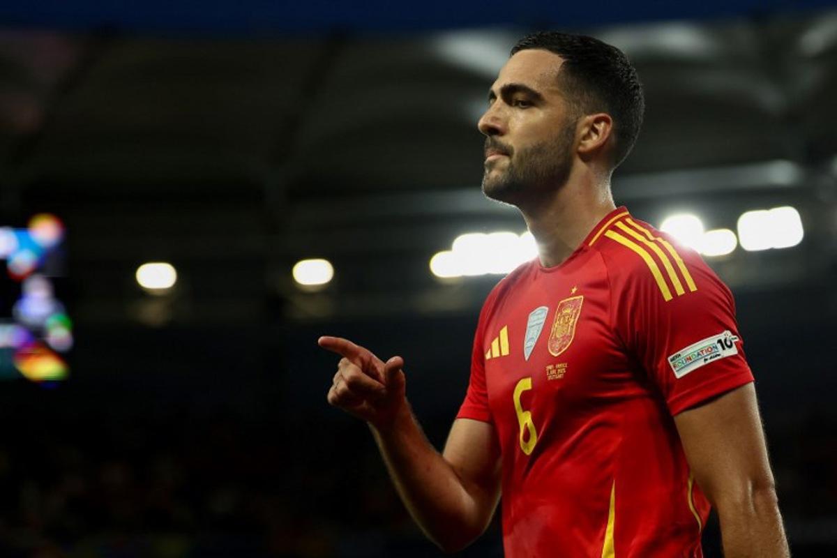 Spain's midfielder #06 Mikel Merino celebrates scoring the 2-0 goal during the UEFA Nations League semi-final football match between Spain and France in Stuttgart, southwestern Germany, on June 5, 2025.  FRANCK FIFE / AFP
