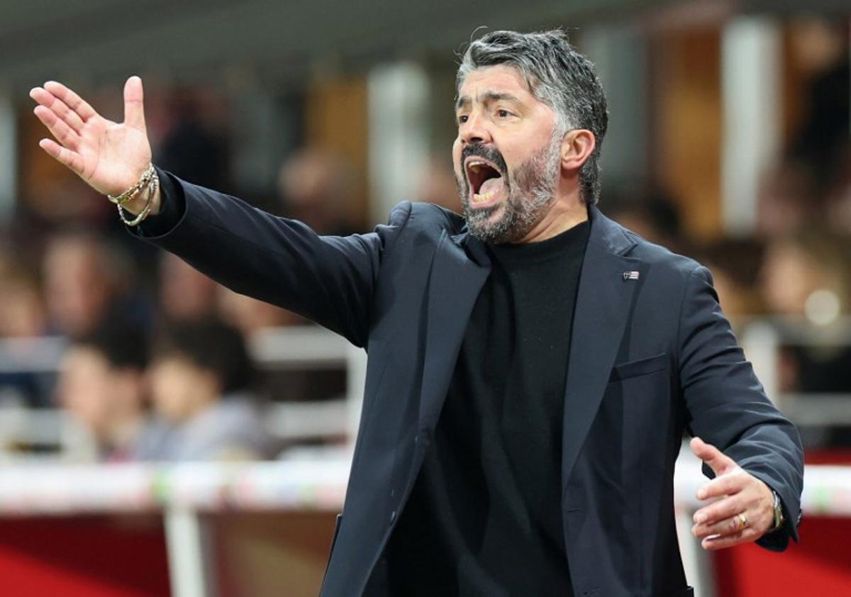 Marseillle's Italian head coach Gennaro Gattuso reacts during the French L1 football match between Stade Brestois 29 (Brest) and Olympique de Marseille (OM) at the Francis-Le Ble stadium in Brest, western France, on February 18, 2024.   FRED TANNEAU / AFP