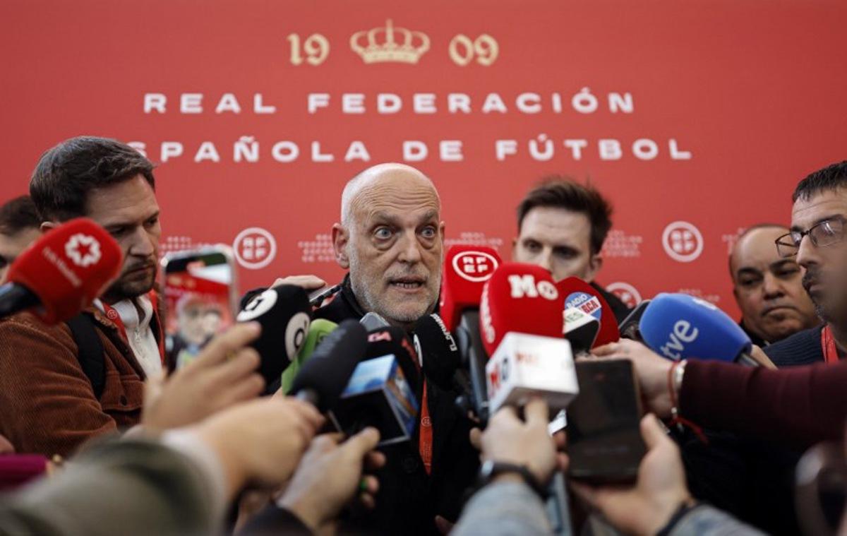 Spain's LaLiga president Javier Tebas speaks to the media at the Ciudad del Futbol in Las Rozas, outside Madrid, on December 16, 2024.  OSCAR DEL POZO / AFP
