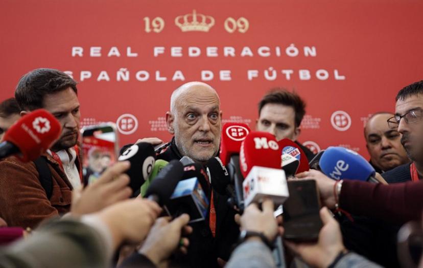 Spain's LaLiga president Javier Tebas speaks to the media at the Ciudad del Futbol in Las Rozas, outside Madrid, on December 16, 2024.  OSCAR DEL POZO / AFP