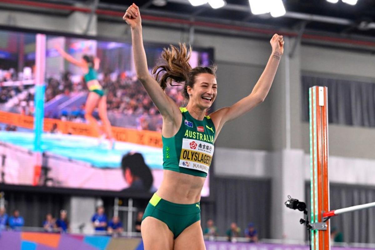 Australia's Nicola Olyslagers reacts in the women's high jump final during the Indoor World Athletics Championships in Nanjing, in eastern China's Jiangsu province, on March 23, 2025.  WANG Zhao / AFP