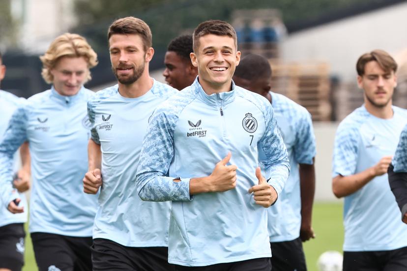 Club's Nicolo Tresoldi pictured during a training session of Belgian soccer team Club Brugge, Monday 18 August 2025 in Brugge. The team will play the scottish team Glasgow Rangers on Tuesday, on the first leg of play-offs of the Champions League tournament. BELGA PHOTO BRUNO FAHY