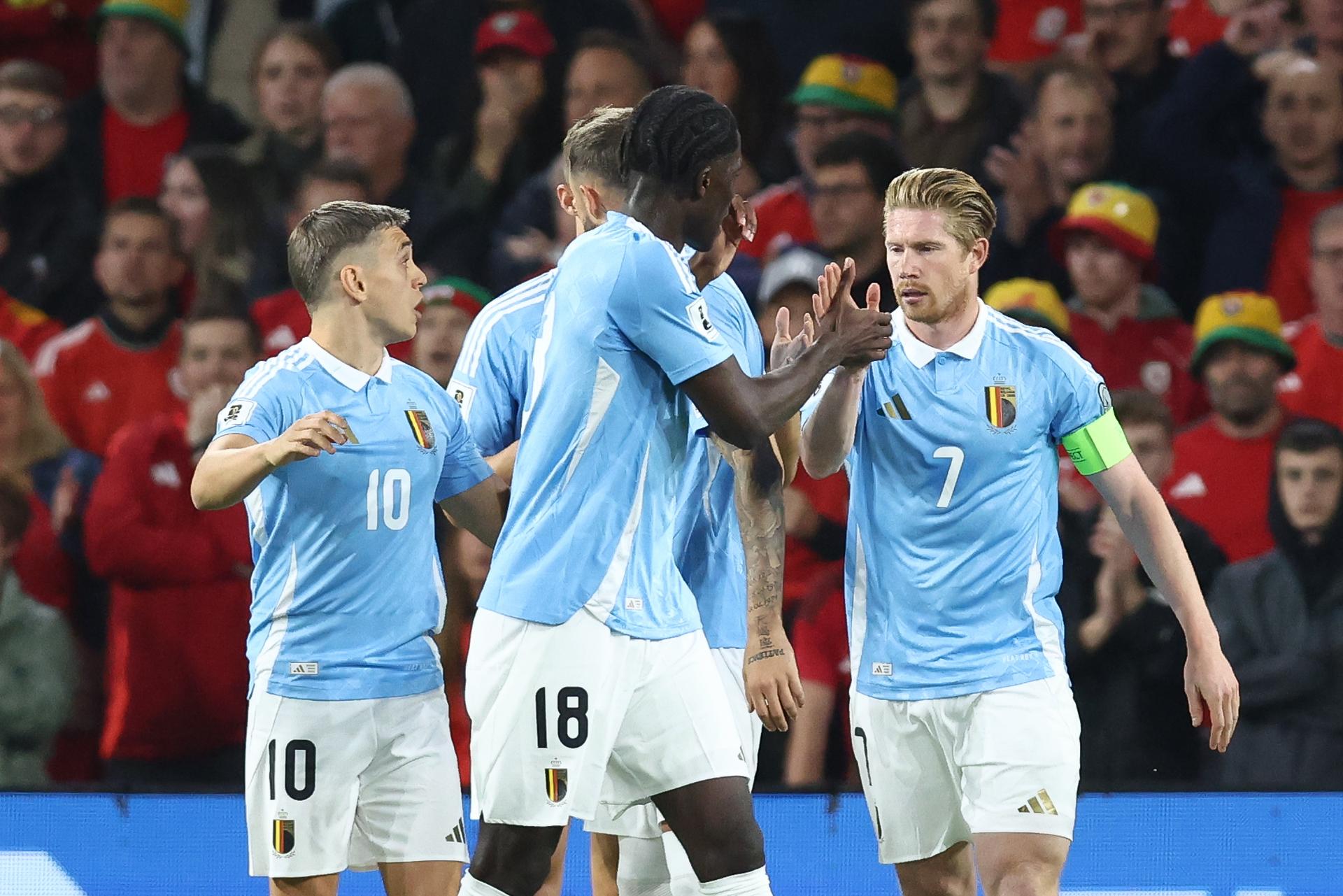 Belgium's Kevin De Bruyne celebrates after scoring during a soccer game between Wales and Belgian national team Red Devils, in Cardiff, Wales on Sunday 12 October 2025, qualifier 6/8 for the 2026 FIFA World Cup. BELGA PHOTO BRUNO FAHY